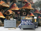 Enchanting mushroom village wallpaper with fairy tale forest houses for a magical kids bedroom or nursery wall mural.