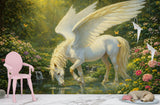 Magical white pegasus drinking from a stream in an enchanted forest, fantasy wall mural for kids room or nursery.