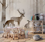 Minimalist forest wallpaper with deer and rabbits in soft watercolor style, perfect for a modern gender-neutral nursery wall mural.