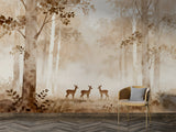 Watercolor forest mural with deer in a misty woodland setting, neutral earth-toned wallpaper for a serene bedroom or nursery.