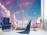 Dreamy pink galaxy wallpaper mural with fluffy clouds and twinkling stars for nursery or kids bedroom decor.