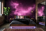 Vibrant pink and purple cosmic nebula galaxy stars wallpaper mural for bedroom wall decor.