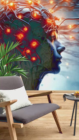 Futuristic Peel & Stick Wall Mural for Living Room, Office, or Gym – 'AI: Thoughts and Data'"