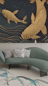 Non-Woven Wallpaper Mural – Custom Design for Living Room or Lounge Area, "Japanese Style: Fish and Flowers"