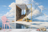 Surreal library in clouds wallpaper mural, artistic book shelf wall art, dreamy sky and stairs wallpaper, modern abstract interior wall decor