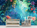 Vibrant tropical jungle wall mural featuring colorful flowers and exotic rainforest plants, perfect for a whimsical kids' nursery or playroom.