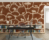 Wood Maker Deco African Safari Animals Silhouette Wallpaper featuring giraffes, lions, elephants, and antelopes on a brown background with a giraffe print pattern.