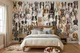 Wood Maker Deco watercolor dog breeds wallpaper mural featuring a variety of dog breeds in a playful, artistic style, perfect for a nursery or playroom.