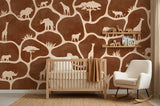 Wood Maker Deco African Safari Animals Silhouette Wallpaper featuring giraffes, lions, elephants, and rhinos on a brown background. Ideal for a nursery.