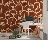 Wood Maker Deco African Safari Animals Silhouette Wallpaper featuring giraffes, lions, elephants, and rhinos on a brown background. Peel and stick vinyl.