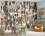 Wood Maker Deco watercolor dog breeds wallpaper mural for nursery or playroom. Features various dog breeds in a playful, artistic style.