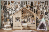 Wood Maker Deco watercolor dog breeds wallpaper mural for nursery or playroom. Features various dog breeds in a playful, artistic style.