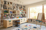 Wood Maker Deco watercolor dog breeds wallpaper mural for nursery or playroom. Features various dog breeds in a playful, artistic style.