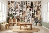 Wood Maker Deco watercolor dog breeds wallpaper mural for nursery or playroom. Features a collage of various dog breeds in a playful, artistic style.