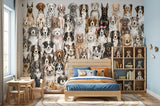 Wood Maker Deco watercolor dog breeds wallpaper mural for nursery or playroom, featuring a collage of various dog breeds in a playful, artistic style.