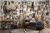 Wood Maker Deco watercolor dog breeds wallpaper mural for nursery or playroom. Features various dog breeds in a playful, artistic style.