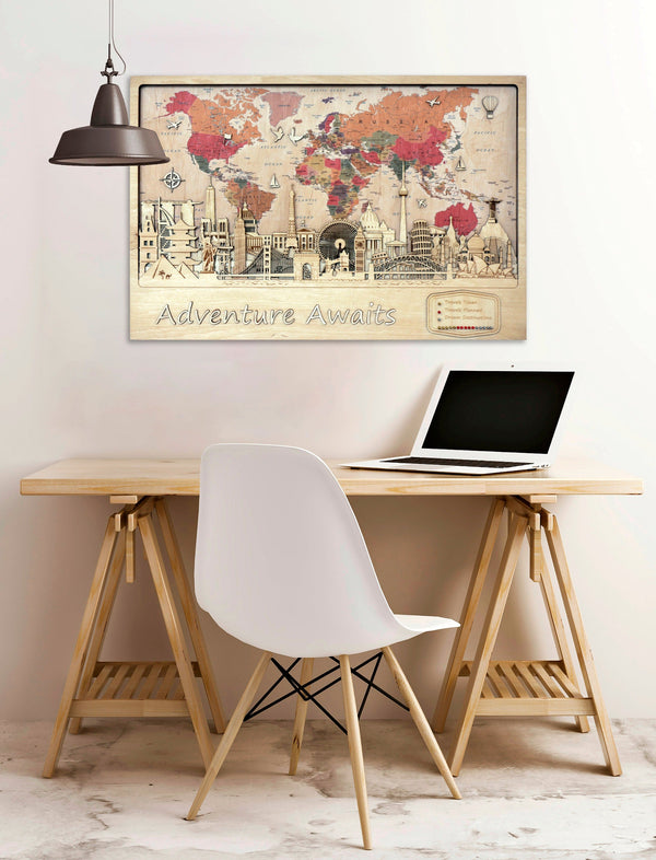 Wood Print 3D World Map 