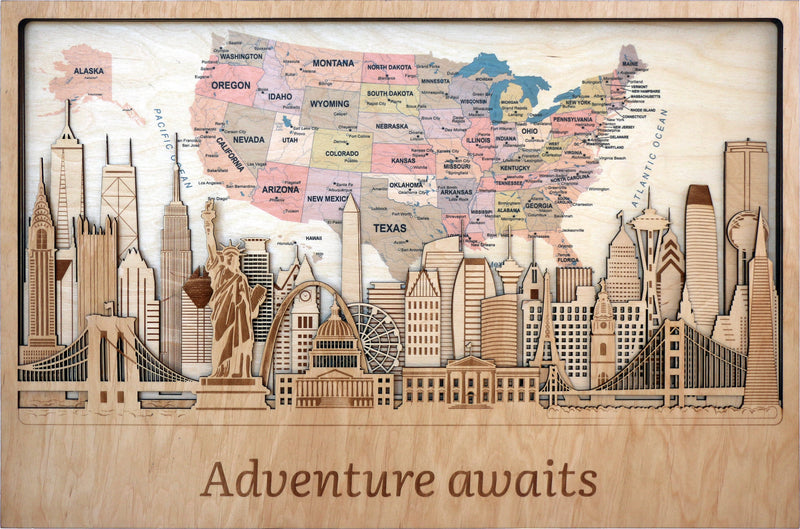 Wood Print 3D USA World Map 