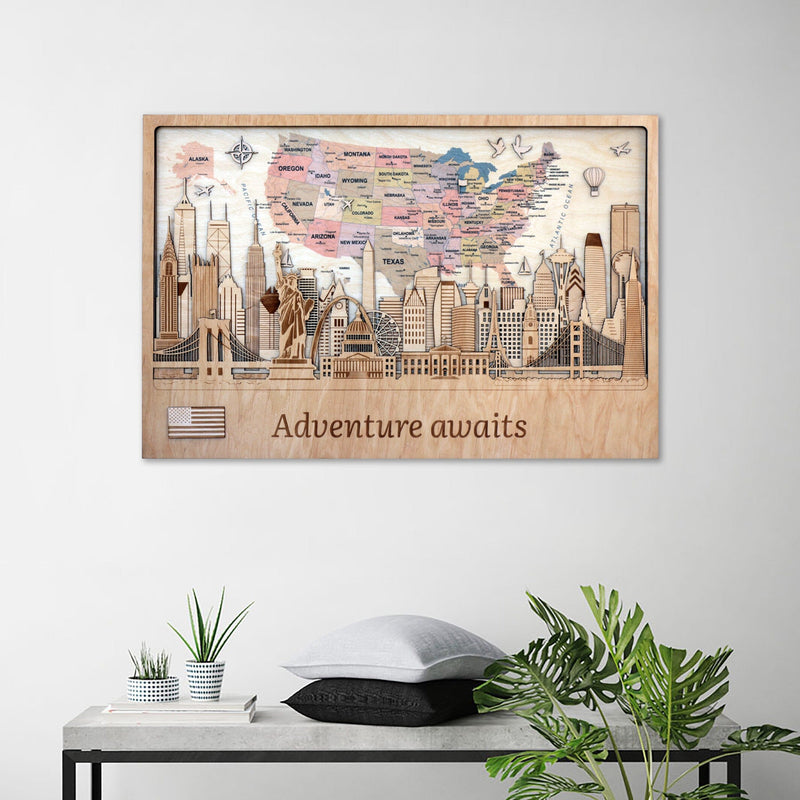 Wood Print 3D USA World Map 