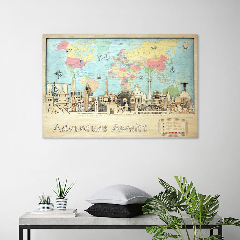 Wood Print 3D World Map 