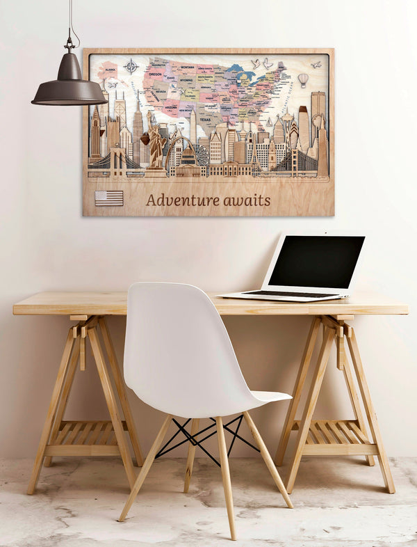 Wood Print 3D USA World Map 