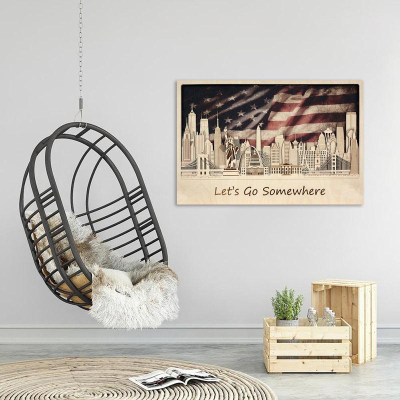  American flag with US Landmarks Wooden Wall Decor