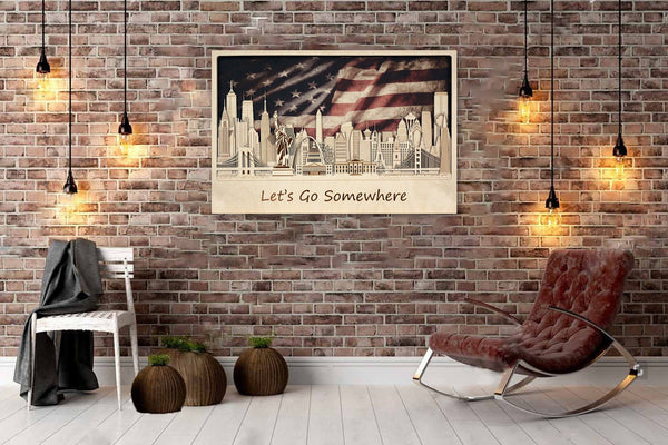  American flag with US Landmarks Wooden Wall Decor