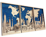 3D Wooden World Map with World Monuments and Attractions