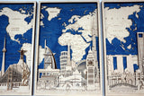 3D Wooden World Map with World Monuments and Attractions