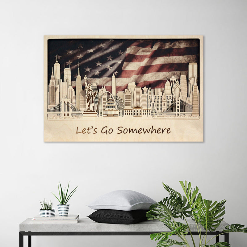  American flag with US Landmarks Wooden Wall Decor