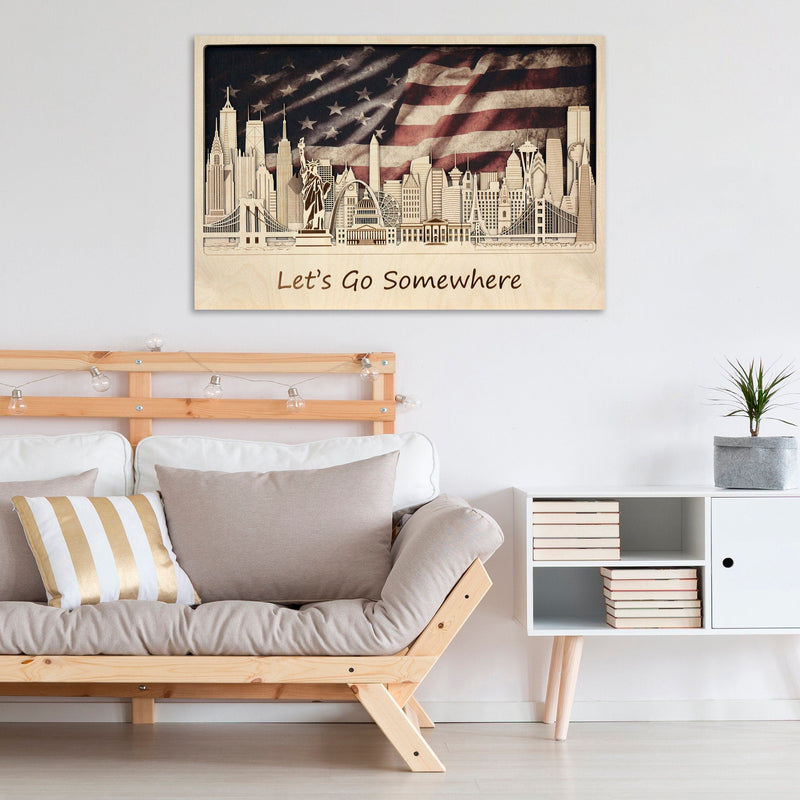  American flag with US Landmarks Wooden Wall Decor