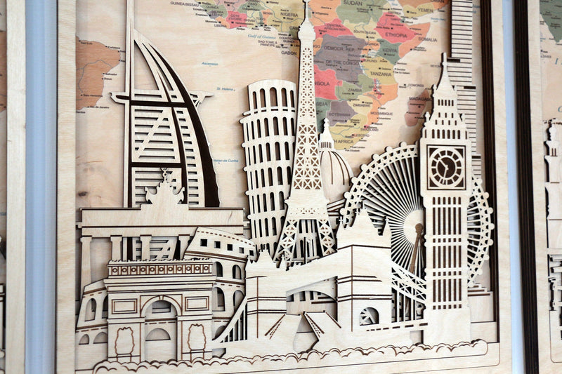 World Map Printed On Wood With 3D Monuments