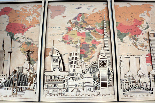 World Map Printed On Wood With 3D Monuments