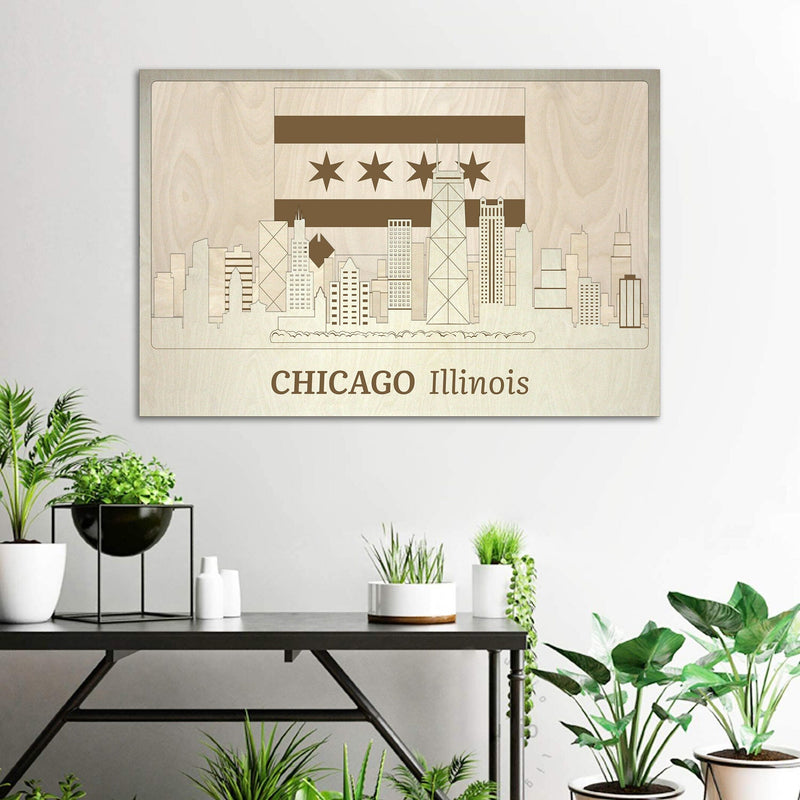  Chicago Skyline with Flag - Wooden Wall Decor