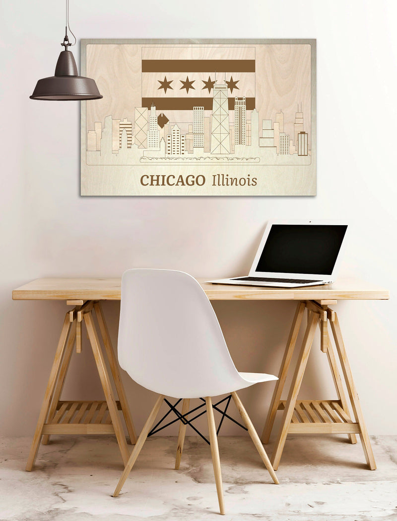  Chicago Skyline with Flag - Wooden Wall Decor