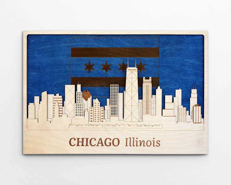  Chicago Skyline with Flag - Wooden Wall Decor