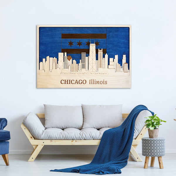  Chicago Skyline with Flag - Wooden Wall Decor