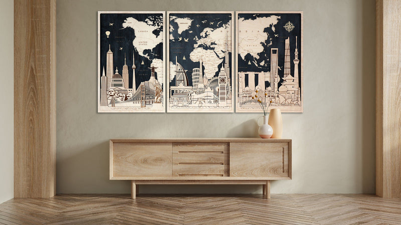 3 Posters -Wall Decor World Map