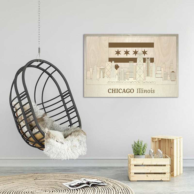  Chicago Skyline with Flag - Wooden Wall Decor