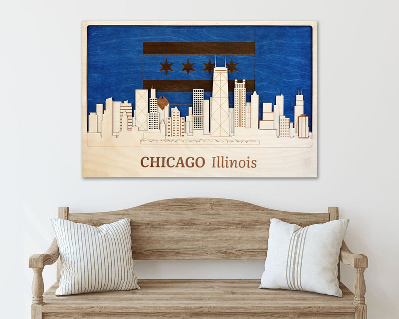  Chicago Skyline with Flag - Wooden Wall Decor