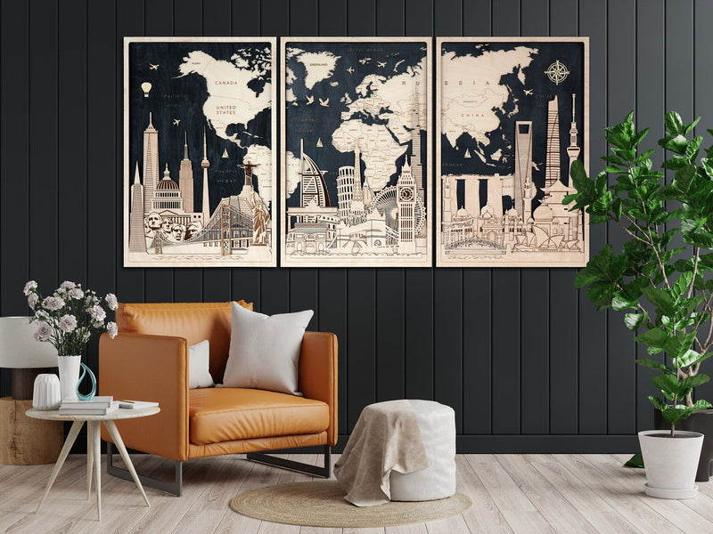 3 Posters -Wall Decor World Map