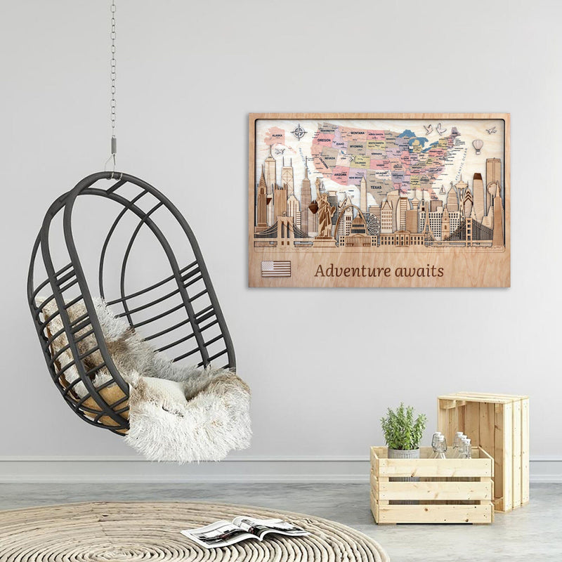 Wood Print 3D USA World Map 