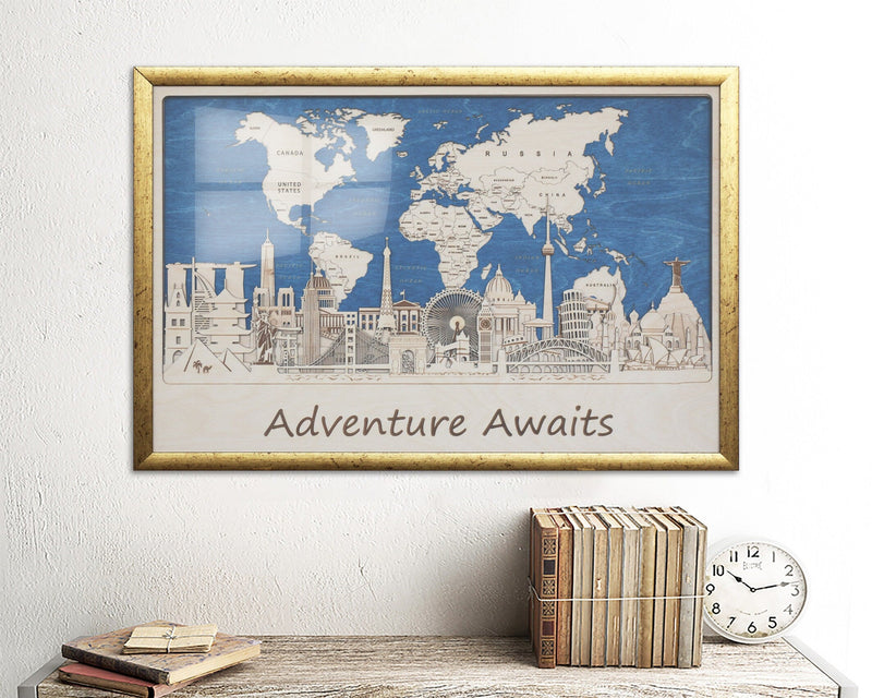 Framed Wooden Wall Map Decor