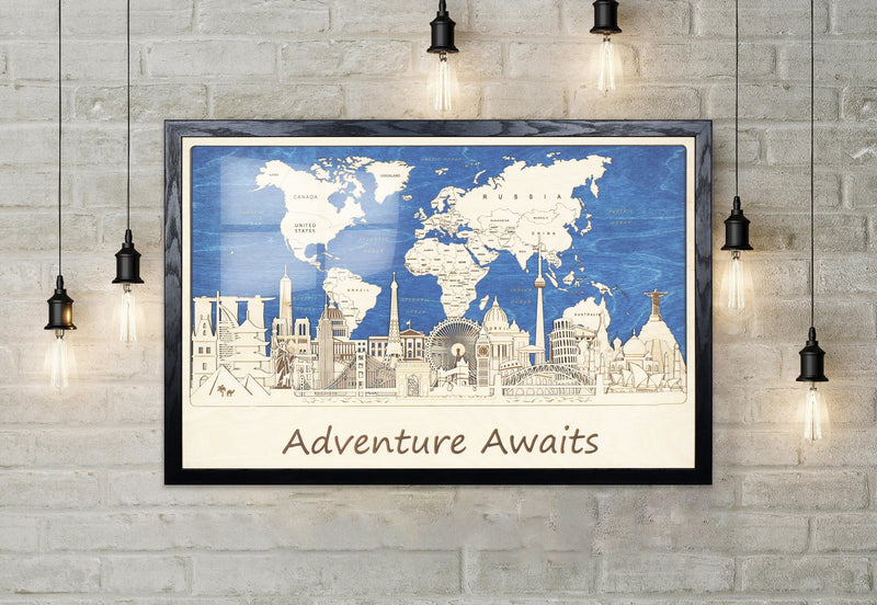 Framed Wooden Wall Map Decor