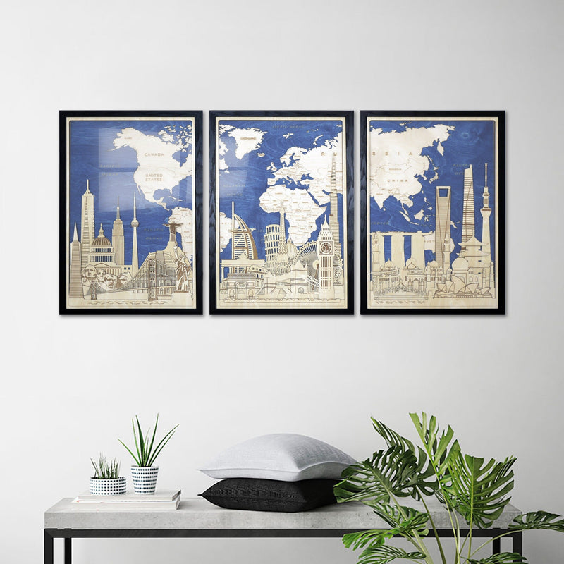 Set of 3 oversized wall art posters. Wooden Map