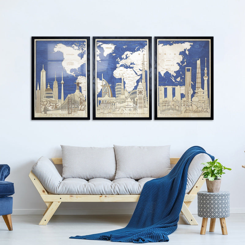 Set of 3 oversized wall art posters. Wooden Map