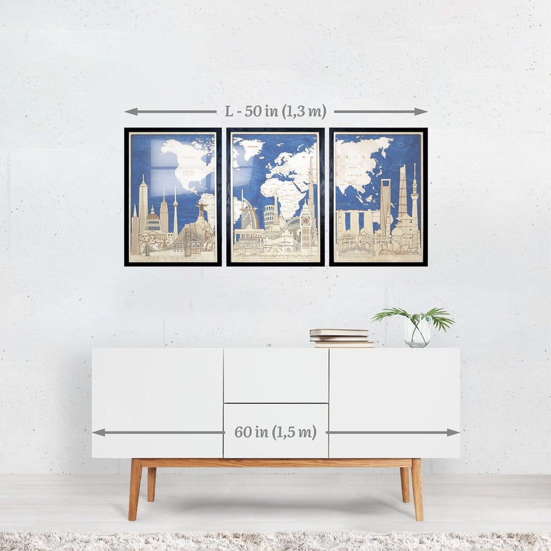 Set of 3 oversized wall art posters. Wooden Map