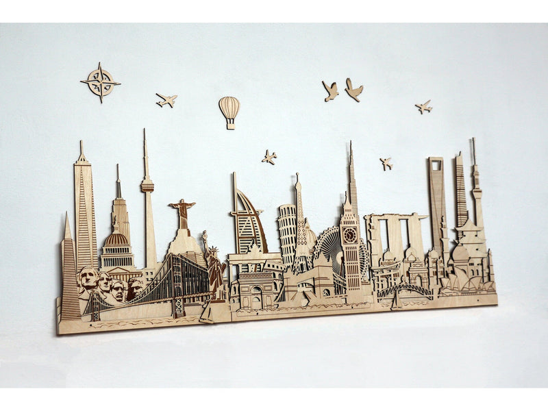 World Landmarks Skyline Wooden Wall Decor