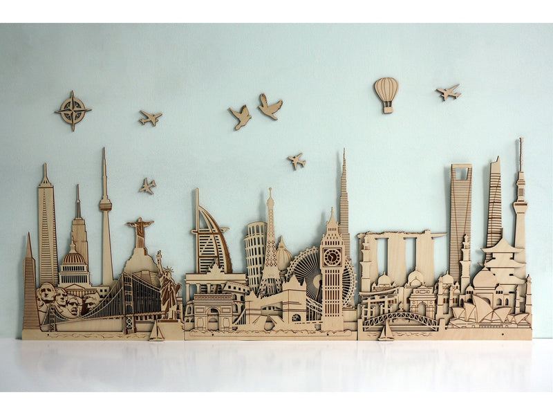 World Landmarks Skyline Wooden Wall Decor