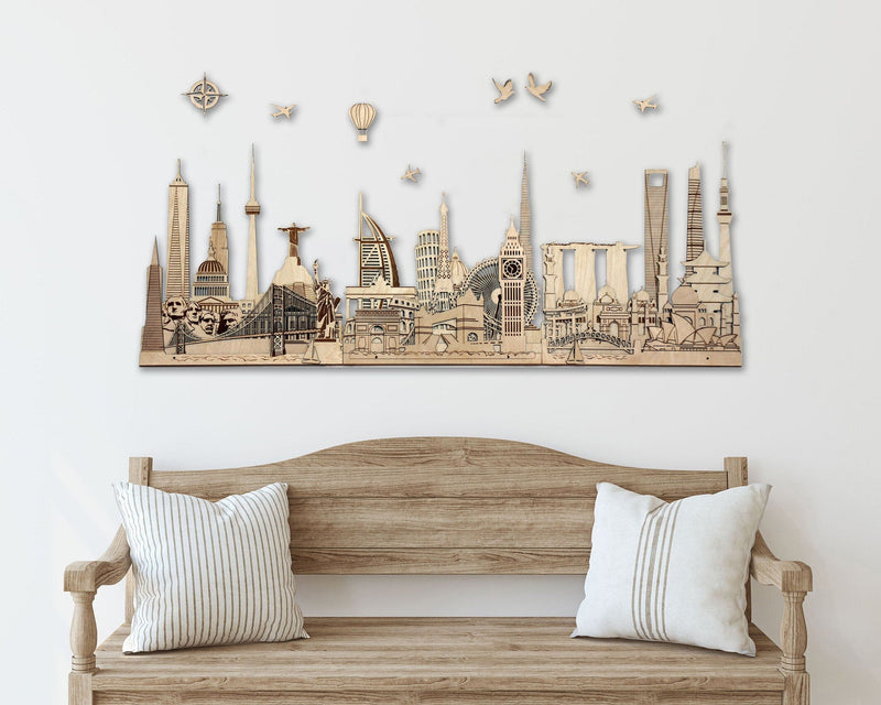 World Landmarks Skyline Wooden Wall Decor